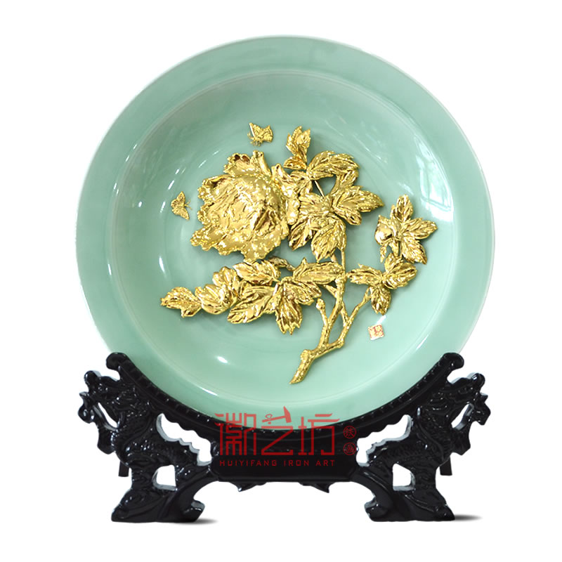 牡丹金畫龍泉青瓷擺件 家居辦公擺設 特色手工文化藝術品