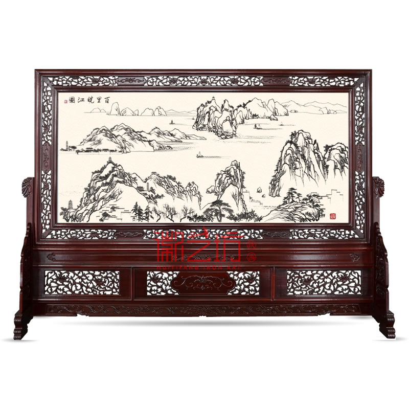 百里皖江圖紅木雕花屏風 企業(yè)事業(yè)大廳酒店大堂屏風隔斷